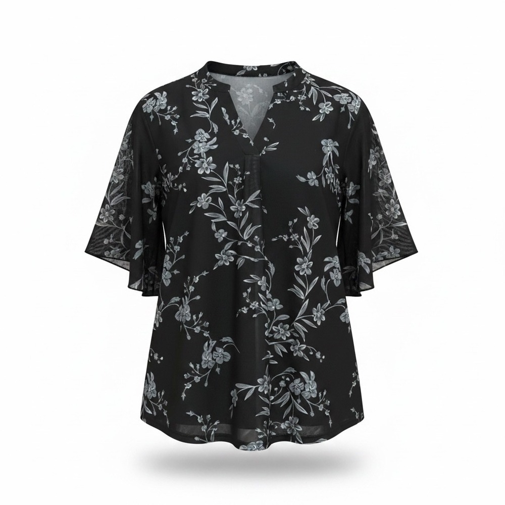 NWT Timeson Women XL Black Floral Mesh V-Neck Blouse Tiered Bell Sleeve Top NEW